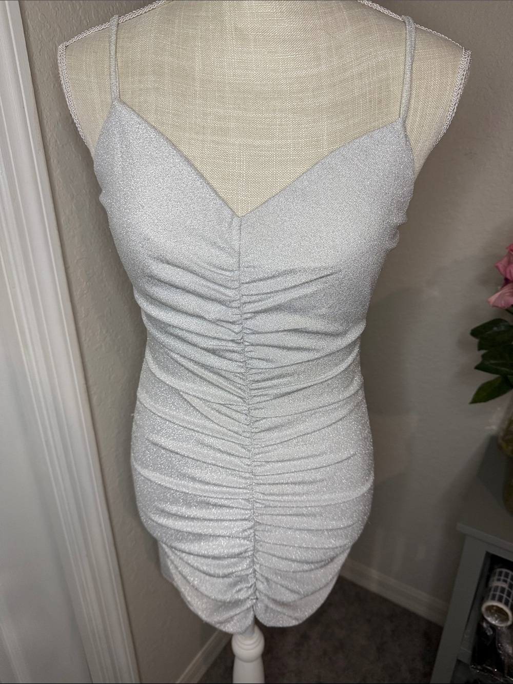 Shimmer Ruched Silver Spaghetti Strap Mini Dress